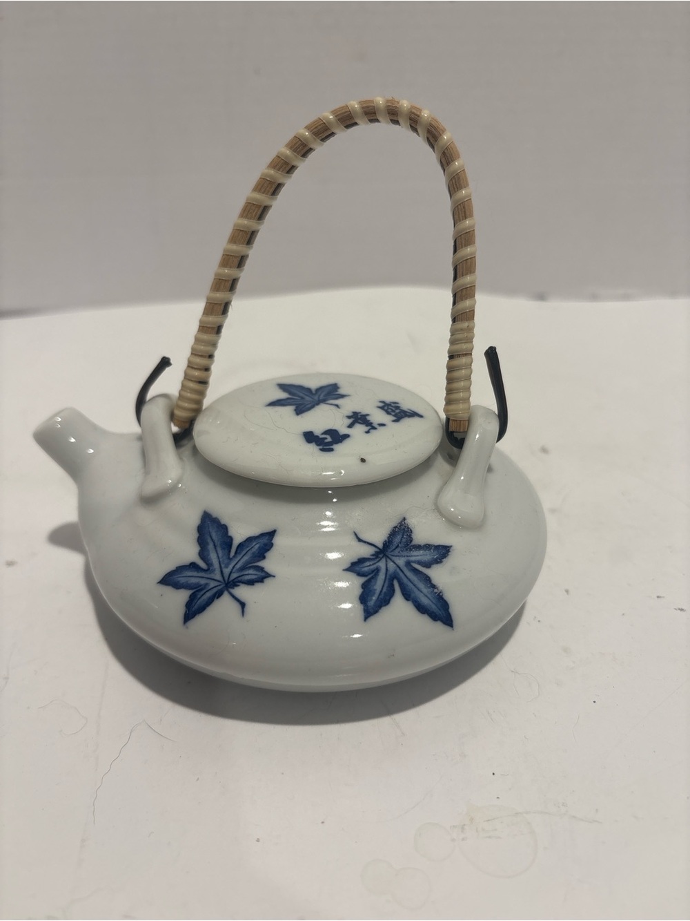 Porcelain Teapot with Blue Maple Leaf Design - White and Blue - Vintage Japan